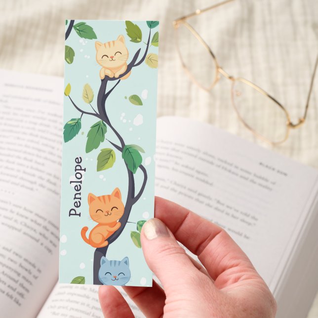 Cute Kawaii Cats In Tree Personalized Bookmark (Hand)
