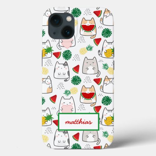 Cute Kawaii Cats Pattern Name Tropical Fruit iPhone 13 Case