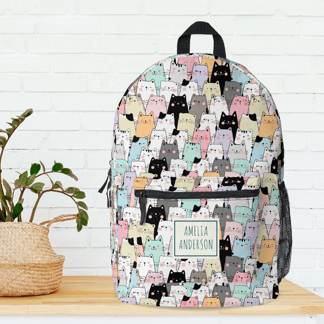 Cute Kawaii Cats Pattern Personalize Name Printed Backpack (Creator Uploaded)