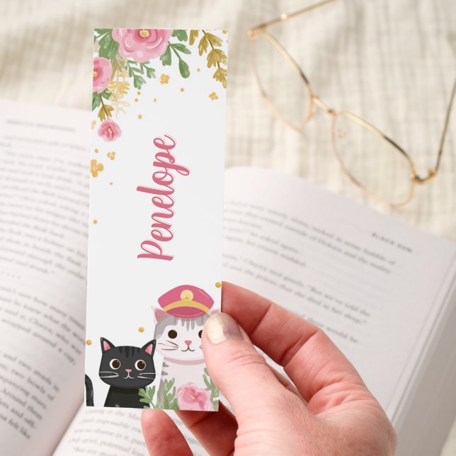 Cute Kawaii Cats Pink Floral Personalized Bookmarks (Hand)