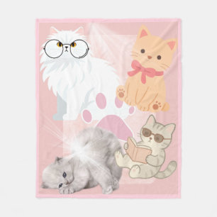 Cute Kawaii Cats Pink Throw Blanket Soft Fleece