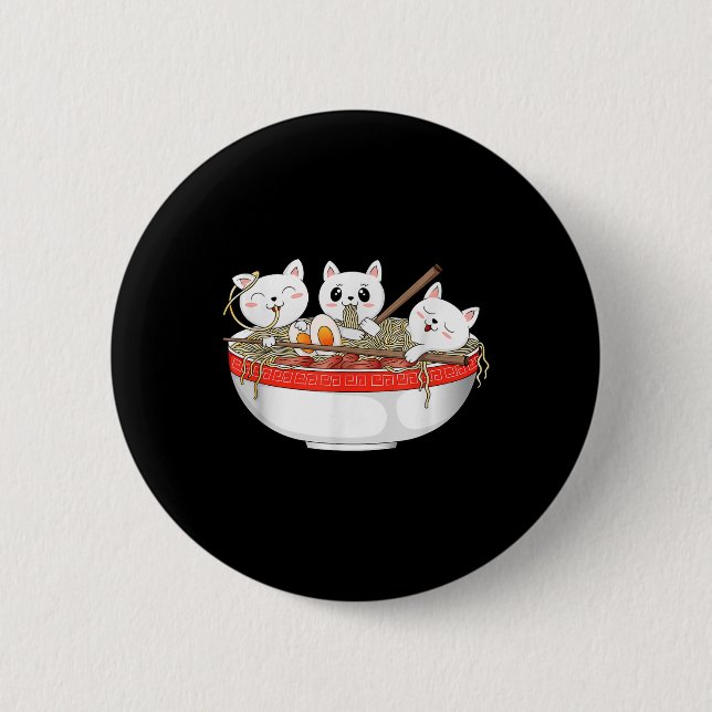 Cute Kawaii Cats Ramen Noodles Anime Japanese Cat  Button (Front)