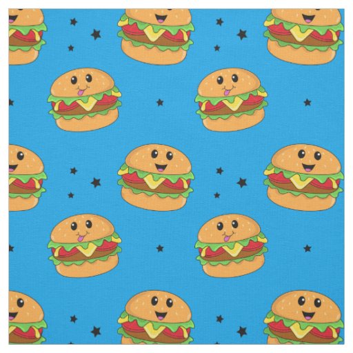 Cute Kawaii Cheeseburger Pattern on Blue Fabric