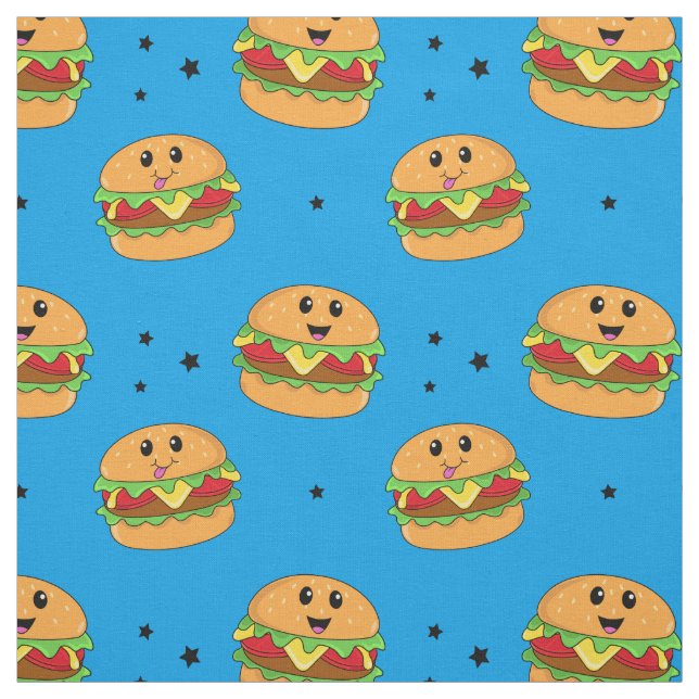 Cute Kawaii Cheeseburger Pattern on Blue Fabric (Swatch)