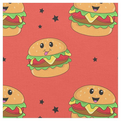 Cute Kawaii Cheeseburger Pattern on Red Fabric