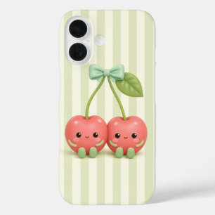 Cute Kawaii Cherry Pair on Sage Green Stripes Phon iPhone 16 Case