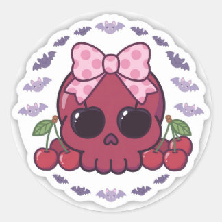 Cute Kawaii Cherry Skull Round Stickers | Pink Bow