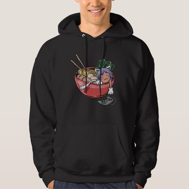Cute Kawaii Chibi Anime Cat Gamer Ramen Noodles Hoodie (Front)