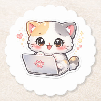 Cute Kawaii Chibi Cat with Laptop Desk Coaster