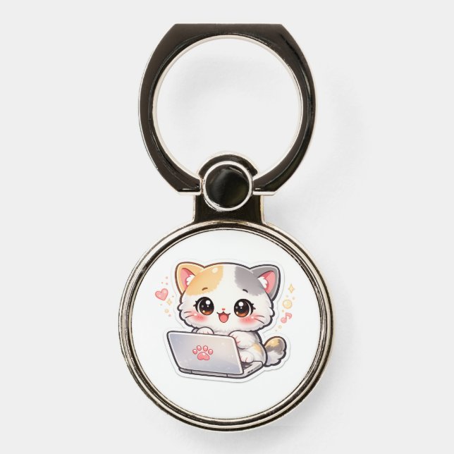 Cute Kawaii Chibi Cat with Laptop Phone Grip (Front)