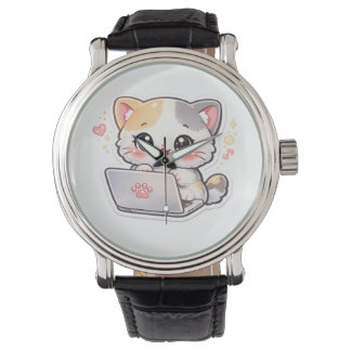 Cute Kawaii Chibi Cat with Laptop Wristwatch