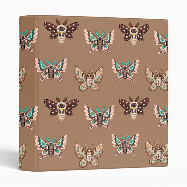 Cute Kawaii Chibi Moths on Coffee Tan 3 Ring Binder (Front/Spine)