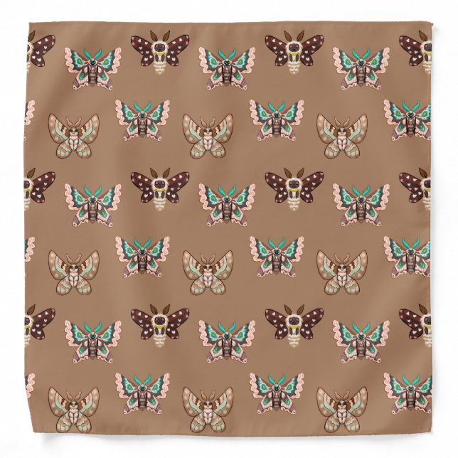 Cute Kawaii Chibi Moths on Coffee Tan Bandana (Front)