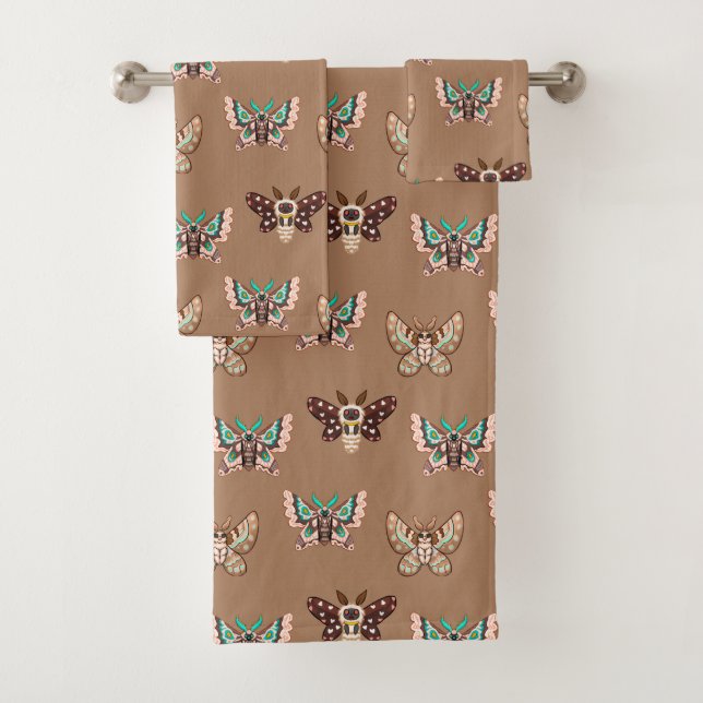 Cute Kawaii Chibi Moths on Coffee Tan Bath Towel Set (Insitu)