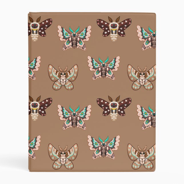 Cute Kawaii Chibi Moths on Coffee Tan Mini Binder (Front)