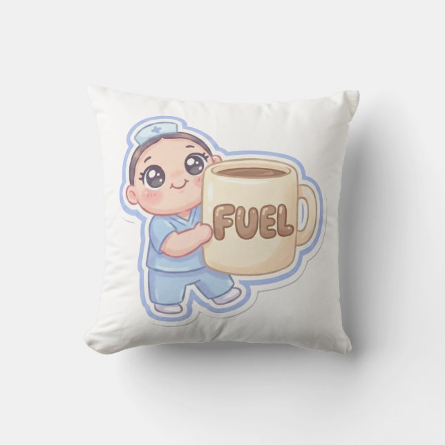 Cute Kawaii Chibi Nurse Giant Coffee Fuel  Throw Pillow (Front)
