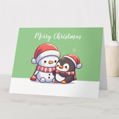 Cute Kawaii Christmas Card with Snowman