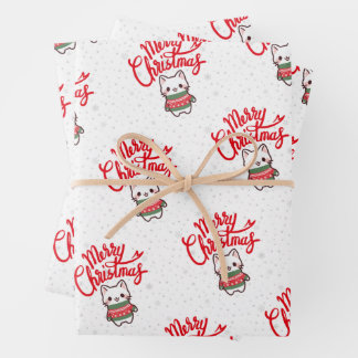 Cute Kawaii Christmas Kitten In A Sweater Wrapping Paper Sheets