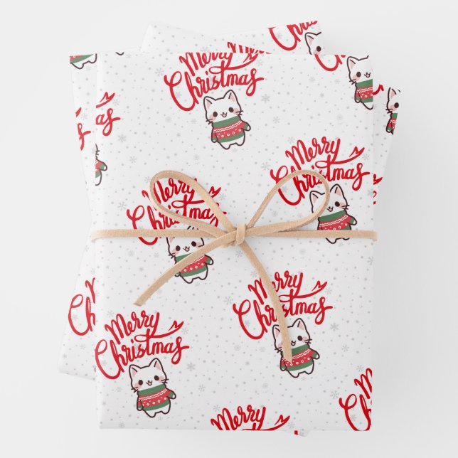 Cute Kawaii Christmas Kitten In A Sweater Wrapping Paper Sheets (In situ)