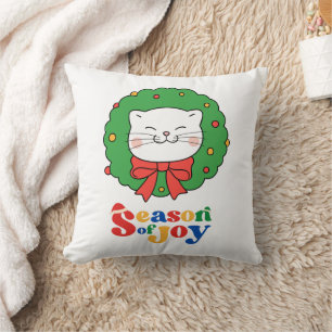 Cute Kawaii Christmas Kitty Cat "Season of Joy" Throw Pillow