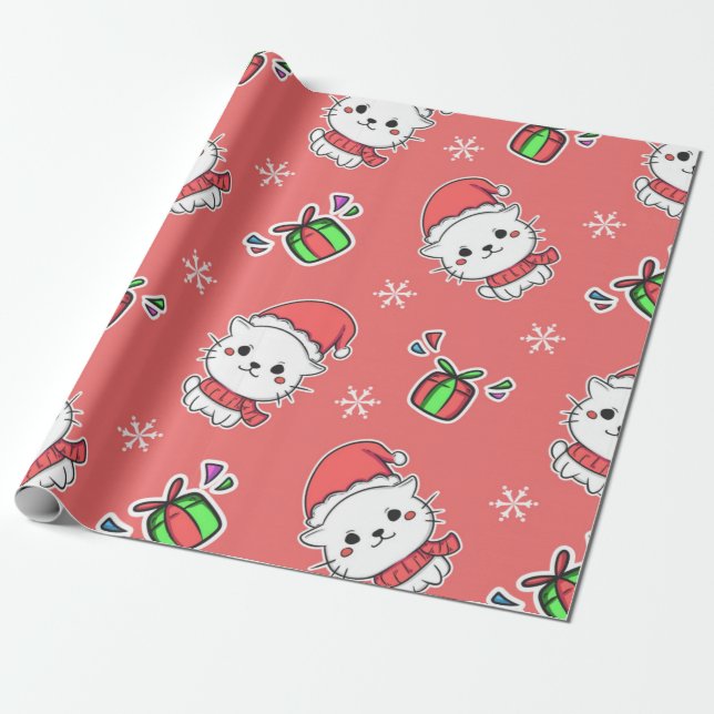 Cute Kawaii Christmas Kitty Wrapping Paper (Unrolled)