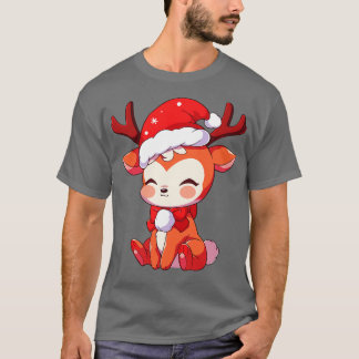 cute Kawaii christmas Reindeer in santa hat 1 T-Shirt