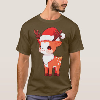 Cute Kawaii Christmas Reindeer in Santa Hat T-Shirt
