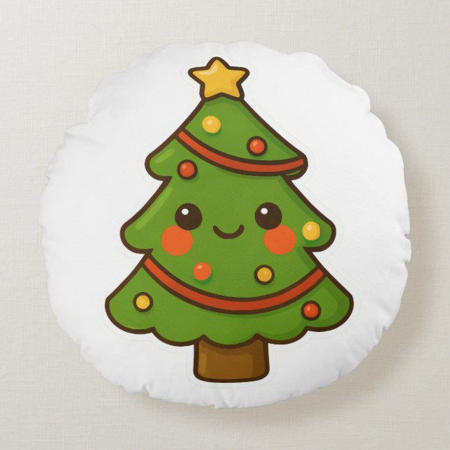 Cute Kawaii Christmas Tree Round Pillow (Front)