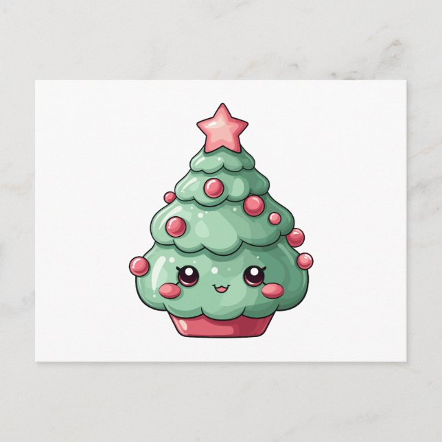 Cute Kawaii Christmas Tree with Smiling Face  Holiday Postcard (Front)