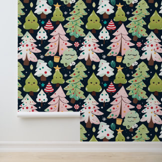 Cute Kawaii Christmas Trees Seamless Pattern Wallpaper