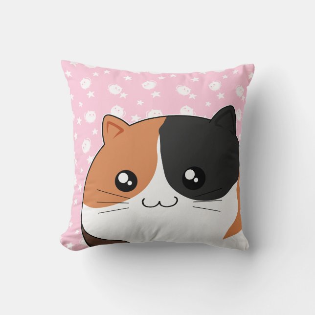 Cute Kawaii chubby calico kitty cat Throw Pillow (Front)