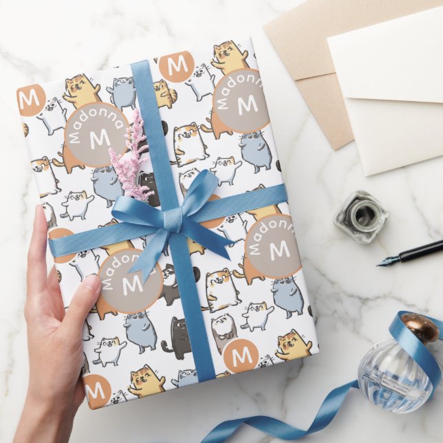 Cute Kawaii Chubby Cartoon Cat Seamless Pattern Ar Wrapping Paper (Gifting)