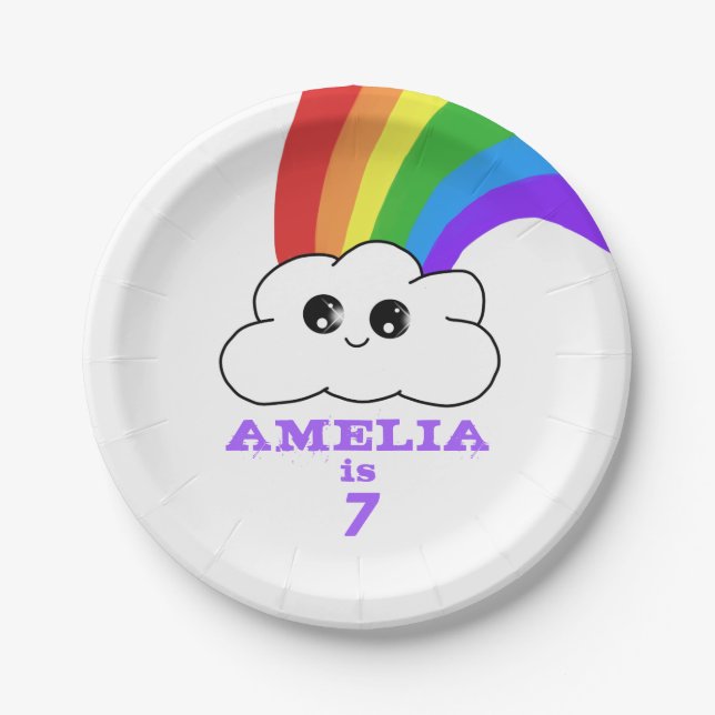 Cute Kawaii Cloud and Rainbow Kid`s Birthday Paper Plates (Front)