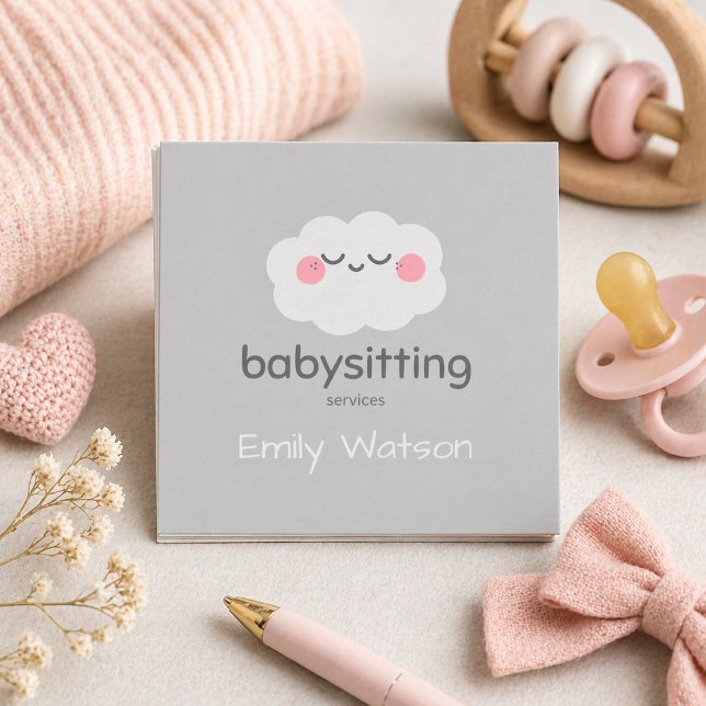 Cute Kawaii Cloud Pink Gray Babysitter  Square Business Card (Creator Uploaded)