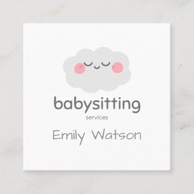 Cute Kawaii Cloud Pink Gray Babysitter  Square Business Card (Front)