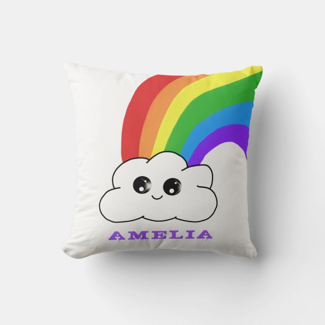 Cute Kawaii Cloud Rainbow Kid`s Name Throw Pillow (Front)