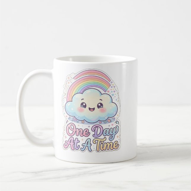 Cute Kawaii Cloud Rainbow One Day At A Time Coffee Mug (Left)