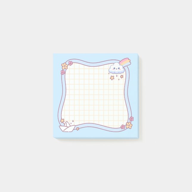 Cute Kawaii Cloud Rainbow Pastel Blue Grid Post it Post-it Notes (Front)