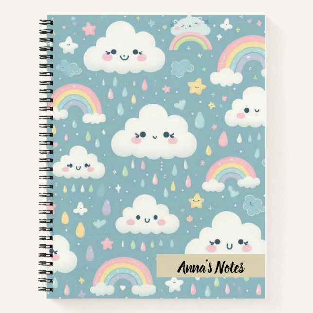 Cute Kawaii Clouds and Rainbows Blue Personalized Notebook (Front)