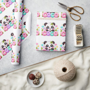 Cute Kawaii Coco Panda Name Pastel Pink Sparkling Wrapping Paper