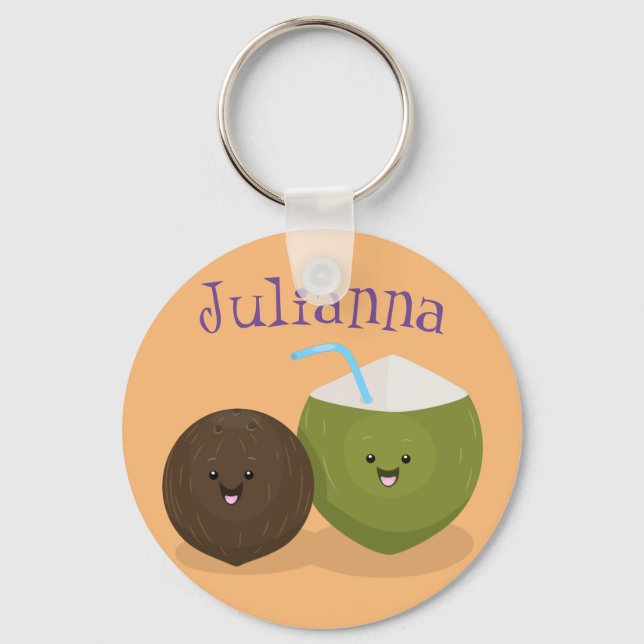 Cute kawaii coconut cartoon illustration keychain (Front)