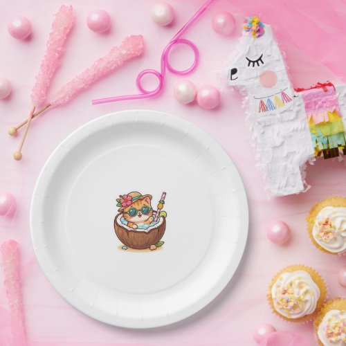 Cute Kawaii Coconut Cat Sunglasses Summer BSticker Paper Plates