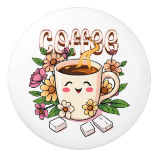 Cute Kawaii Coffee and Flowers Ceramic Knob