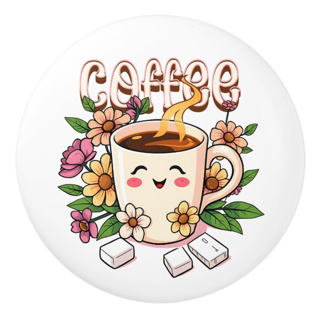 Cute Kawaii Coffee and Flowers Ceramic Knob (Front)