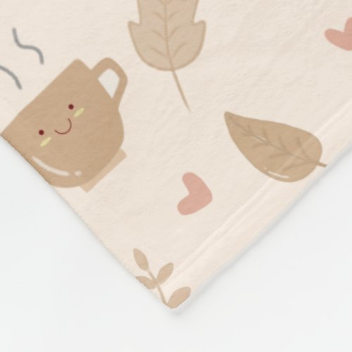 Cute Kawaii Coffee and Leaves Autumn Pattern Fleece Blanket