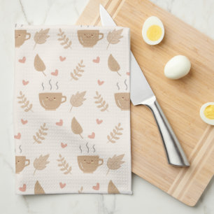 Cute Kawaii Coffee and Leaves Autumn Pattern Kitchen Towel