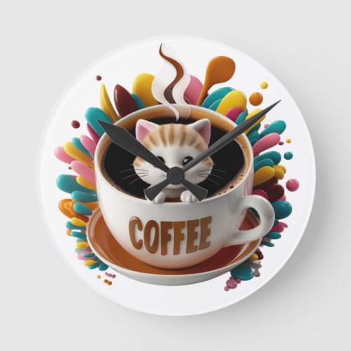 Cute Kawaii Coffee Cat Wall Clock 