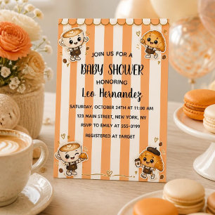 Cute Kawaii Coffee Croissant Orange Baby Shower Invitation