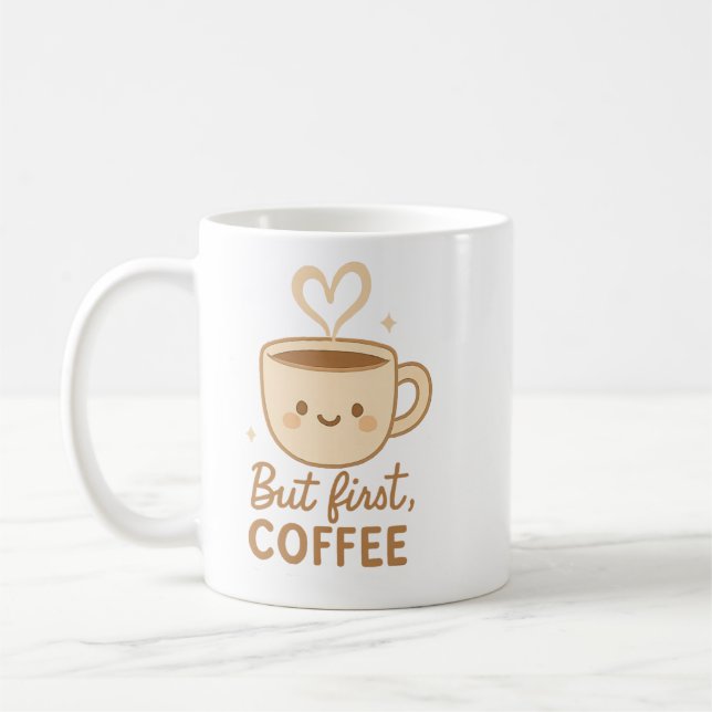 Cute Kawaii Coffee Mug | But First, Coffee | Smile (Left)