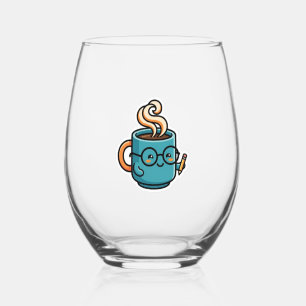 Cute Kawaii Coffee Mug Wearing Reading GlasSticker Stemless Wine Glass